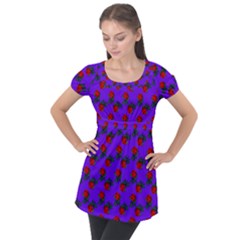 Red Roses Blue Purple Puff Sleeve Tunic Top