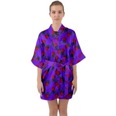 Red Roses Blue Purple Half Sleeve Satin Kimono 