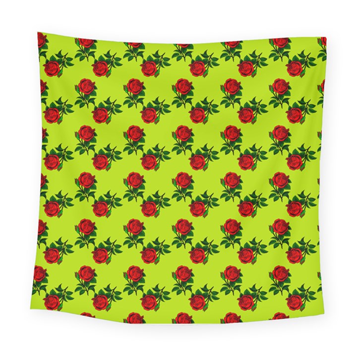 Red Roses Lime Green Square Tapestry (Large)