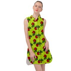 Red Roses Lime Green Sleeveless Shirt Dress