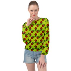 Red Roses Lime Green Banded Bottom Chiffon Top by snowwhitegirl