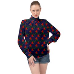 Red Roses Dark Blue High Neck Long Sleeve Chiffon Top by snowwhitegirl