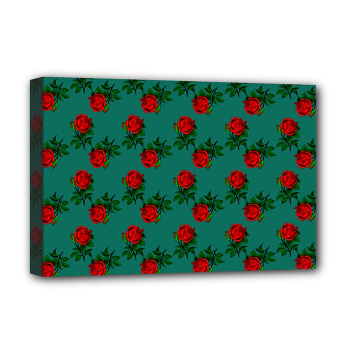 Red Roses Teal Green Deluxe Canvas 18  x 12  (Stretched)