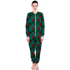 Red Roses Teal Green Onepiece Jumpsuit (ladies) 