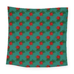 Red Roses Teal Green Square Tapestry (large)