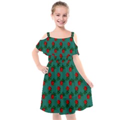 Red Roses Teal Green Kids  Cut Out Shoulders Chiffon Dress by snowwhitegirl