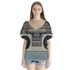 Radio Cassette Speaker Sound Audio V-Neck Flutter Sleeve Top