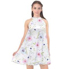 Floral Pattern Background Halter Neckline Chiffon Dress 