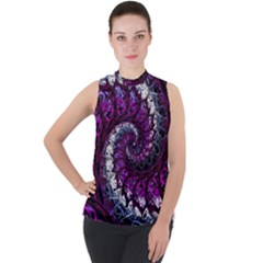 Fractal Background Swirl Art Skull Mock Neck Chiffon Sleeveless Top by Simbadda