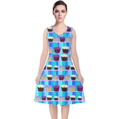 Cupcakes Pattern V-neck Midi Sleeveless Dress  by bloomingvinedesign