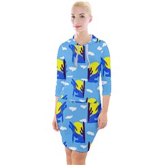 Blue Coyote Pattern Quarter Sleeve Hood Bodycon Dress by bloomingvinedesign