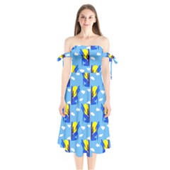 Blue Coyote Pattern Shoulder Tie Bardot Midi Dress by bloomingvinedesign