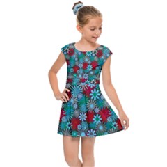 Red And Blue Green Floral Pattern Kids  Cap Sleeve Dress by bloomingvinedesign