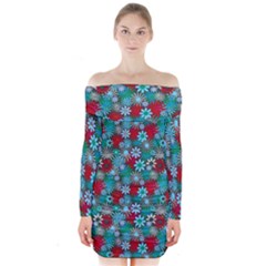 Red And Blue Green Floral Pattern Long Sleeve Off Shoulder Dress by bloomingvinedesign