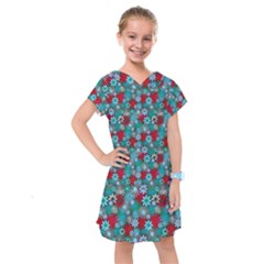 Red And Blue Green Floral Pattern Kids  Drop Waist Dress by bloomingvinedesign