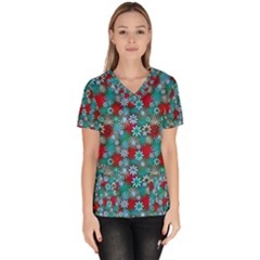 Red And Blue Green Floral Pattern Women s V-neck Scrub Top by bloomingvinedesign