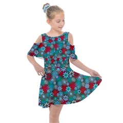 Red And Blue Green Floral Pattern Kids  Shoulder Cutout Chiffon Dress by bloomingvinedesign