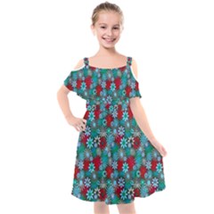 Red And Blue Green Floral Pattern Kids  Cut Out Shoulders Chiffon Dress by bloomingvinedesign