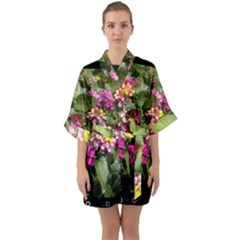 Summer Lantana W Bee Half Sleeve Satin Kimono  by Riverwoman