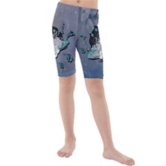 Sport, surfboard with flowers and fish Kids  Mid Length Swim Shorts