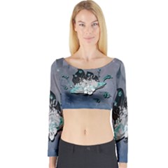 Sport, surfboard with flowers and fish Long Sleeve Crop Top