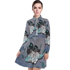 Sport, surfboard with flowers and fish Long Sleeve Chiffon Shirt Dress