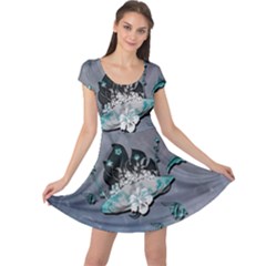 Sport, surfboard with flowers and fish Cap Sleeve Dress