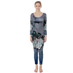 Sport, surfboard with flowers and fish Long Sleeve Catsuit
