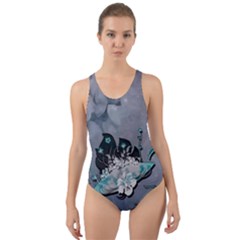 Sport, surfboard with flowers and fish Cut-Out Back One Piece Swimsuit