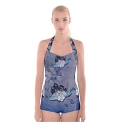 Sport, surfboard with flowers and fish Boyleg Halter Swimsuit 