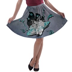 Sport, surfboard with flowers and fish A-line Skater Skirt