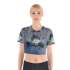 Sport, surfboard with flowers and fish Cotton Crop Top