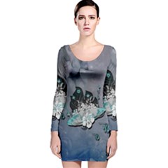 Sport, surfboard with flowers and fish Long Sleeve Velvet Bodycon Dress