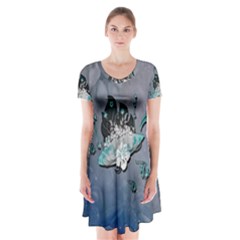 Sport, surfboard with flowers and fish Short Sleeve V-neck Flare Dress