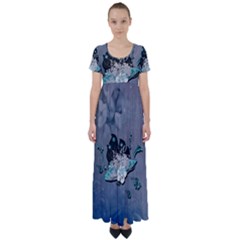 Sport, surfboard with flowers and fish High Waist Short Sleeve Maxi Dress