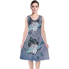 Sport, surfboard with flowers and fish V-Neck Midi Sleeveless Dress 