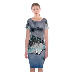 Sport, surfboard with flowers and fish Classic Short Sleeve Midi Dress