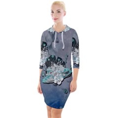 Sport, surfboard with flowers and fish Quarter Sleeve Hood Bodycon Dress