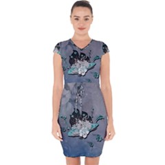 Sport, surfboard with flowers and fish Capsleeve Drawstring Dress 