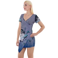 Sport, surfboard with flowers and fish Short Sleeve Asymmetric Mini Dress