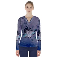 Sport, surfboard with flowers and fish V-Neck Long Sleeve Top