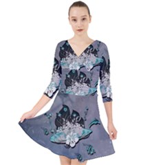 Sport, surfboard with flowers and fish Quarter Sleeve Front Wrap Dress