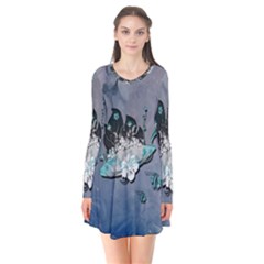 Sport, surfboard with flowers and fish Long Sleeve V-neck Flare Dress