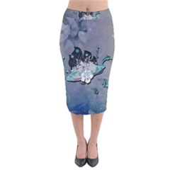 Sport, surfboard with flowers and fish Velvet Midi Pencil Skirt