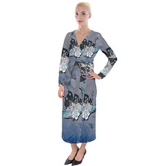 Sport, surfboard with flowers and fish Velvet Maxi Wrap Dress