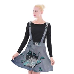 Sport, surfboard with flowers and fish Suspender Skater Skirt