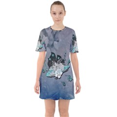 Sport, surfboard with flowers and fish Sixties Short Sleeve Mini Dress