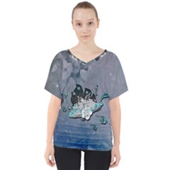 Sport, surfboard with flowers and fish V-Neck Dolman Drape Top