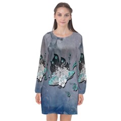Sport, surfboard with flowers and fish Long Sleeve Chiffon Shift Dress 