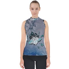 Sport, surfboard with flowers and fish Mock Neck Shell Top